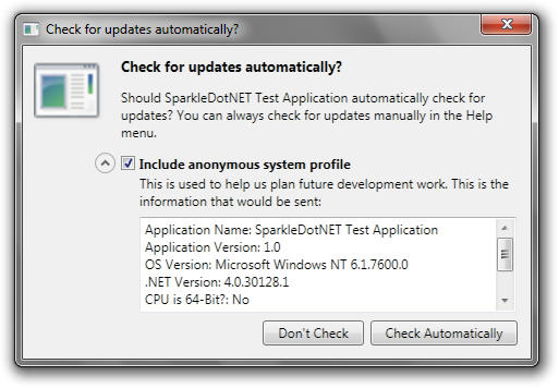 SparkleDotNET's expanded check for updates prompt
